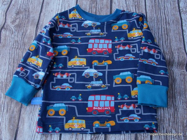 Langarmshirt für Kleinkinder, Babyshirt, Fahrzeuge, Größe 74/80 blau petrol
