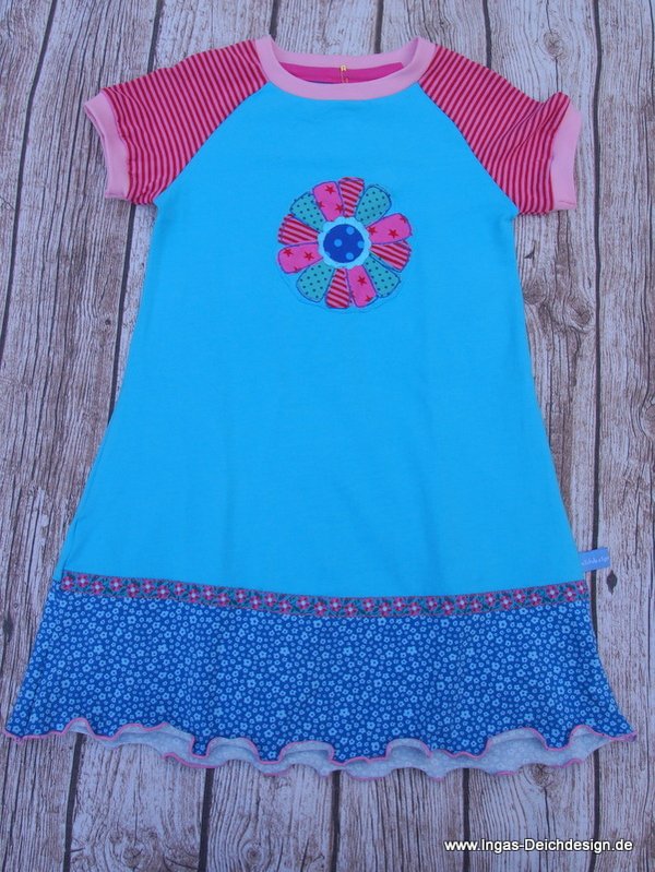Mädchenkleid, Sommerkleid für Mädchen ,Kurzarm, Blume türkis pink, Größe 116