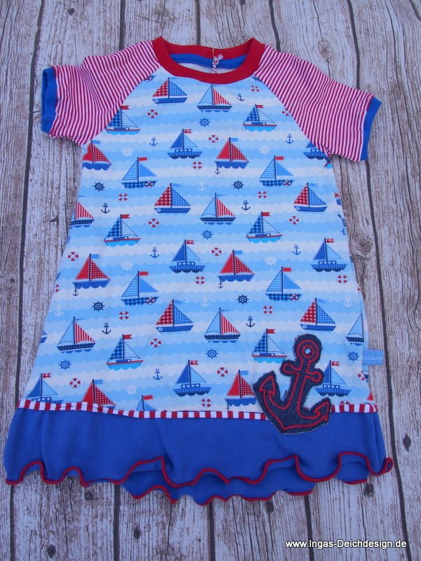 Mädchenkleid, Sommerkleid für Mädchen ,Kurzarm, maritim,blau rot, Segelboot Größe 92