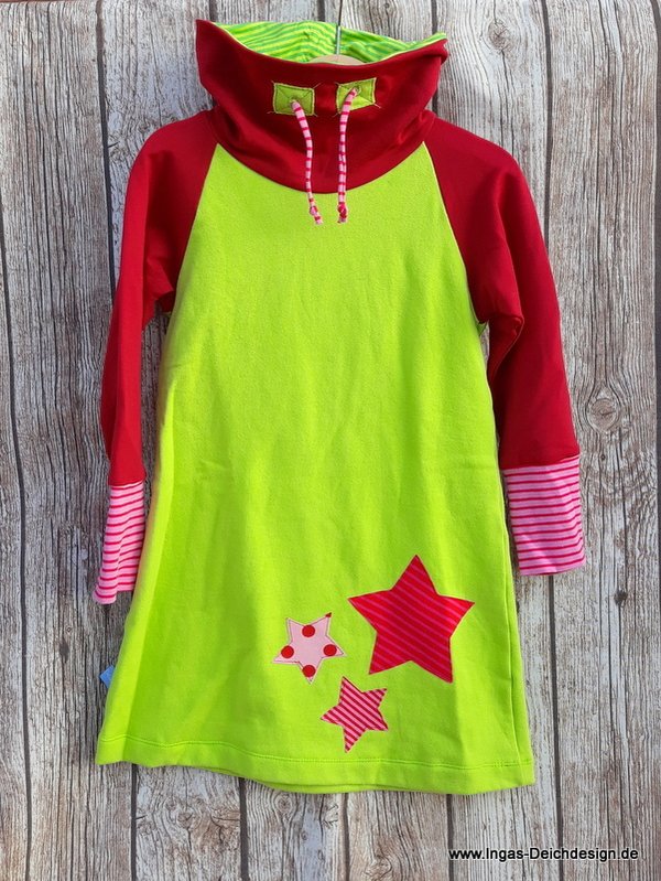 Mädchenkleid, Sweat-Kleid mit Kuschelkragen,Sterne lime/rot, Größe  110/116