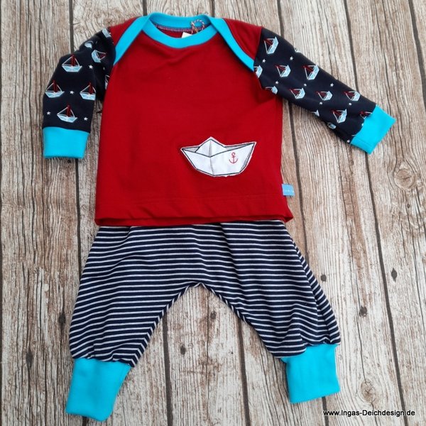 Babyset Shirt und Pumphose, maritim Segelboot,blau rot, Größe 68