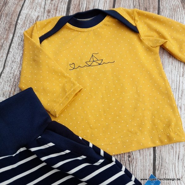 Babyset Shirt und Pumphose, dunkelbau/senf, Boot, maritim Größe 62