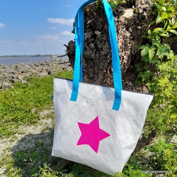 Strandtasche aus Segelupcycling, Beach Bag XL mit Stern pink